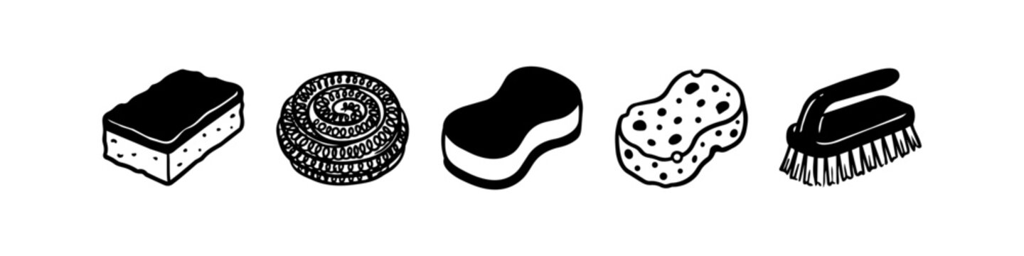 Hand-drawn monochrome icons of cleaning tools like sponges and brushes for household maintenance projects.