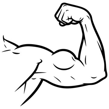 Muscular human arm flexing biceps showing strength and power in a bold black and white line art vector illustration style isolated on transparent background