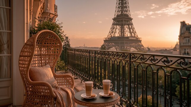 Paris France Europe lifestyle. A vivid portrayal of a balcony overlooking the Eiffel Tower at sunset. The balcony features a wicker chair with a cushioned seat, a small table with two cups of coffee.
