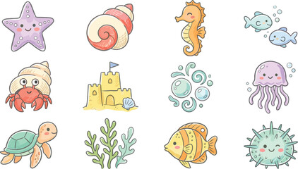 Fototapeta premium Cute Kawaii Pastel Ocean Animals and Beach Vector Icon Set with Starfish Seahorse Hermit Crab Sandcastle Jellyfish Turtle and Tropical Fish