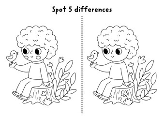 Fototapeta premium Forest black and white find differences game for children with cute boy sitting on a tree stump with bird. Woodland educational line activity Puzzle for kids, printable worksheet, coloring page