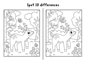 Obraz premium Forest black and white find differences game with deer on meadow, trees, butterfly. Woodland line activity with animal. Puzzle for kids with cute scene. Printable worksheet, coloring page