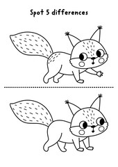 Fototapeta premium Forest black and white find differences game for children with squirrel. Woodland line activity with cute animal. Puzzle for kids with funny character. Printable worksheet, coloring page