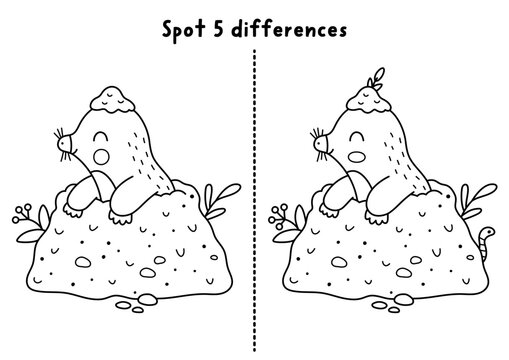 Forest black and white find differences game for children with mole. Woodland educational line activity with cute animal. Puzzle for kids with funny character. Printable worksheet, coloring page