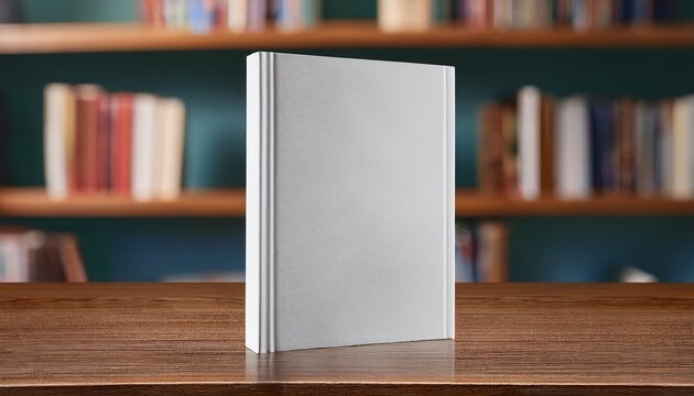 a blank book mockup standing upright on a wooden table with bokeh of a blurred bookshelf background ideal for cover design presentations and marketing