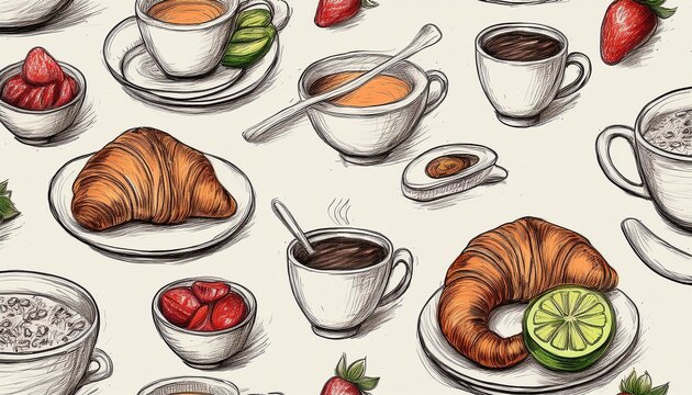 hand drawn seamless pattern breakfast in sketch style coffee avocado croissant strawberry cereal citrus juice in crayon or ink drawing trendy print food and drink in doodle line art