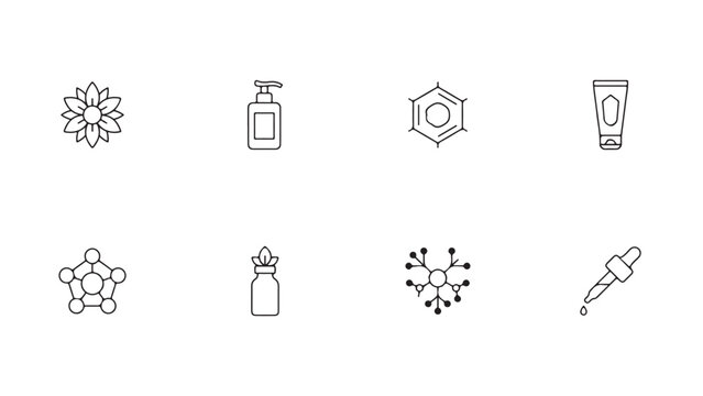 Personal Care Icons Set with Flower, Soap Bottle, Hex Mirror, Toothpaste Tube, and Sanitizer Elements in Vector Line Style