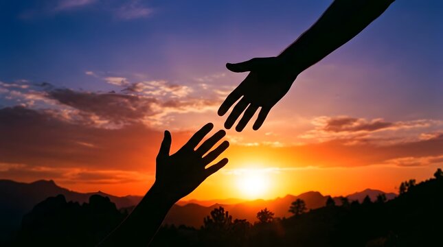 Silhouette of two hands reaching towards each other during vibrant orange sunset sky view.