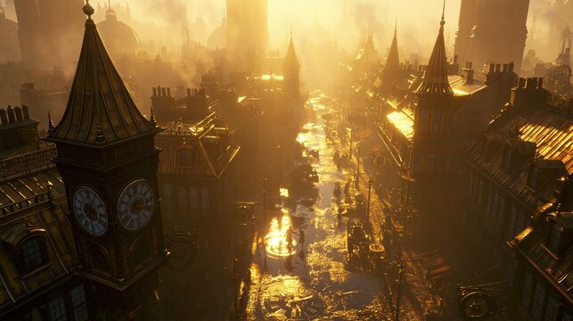 Paris France Europe lifestyle. A vivid portrayal of a steampunkinspired cityscape at sunset. The main subject is a grand, ornate clock tower with intricate detailing.