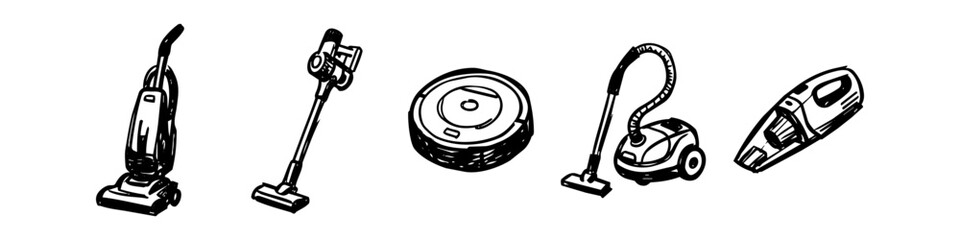 Hand-drawn sketch collection of various vacuum cleaners: robotic, upright, canister, cordless stick, and handheld models. Minimalist black ink line art icons for home cleaning and appliance themes. © Trends