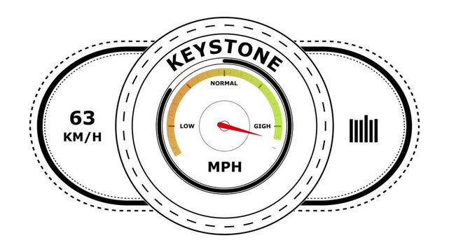 Circular gauge displaying keystone progress with speed indicators and digital metrics on a clean white background for user interface applications