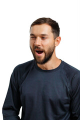 Fototapeta premium Exhausted young man showing fatigue and yawning