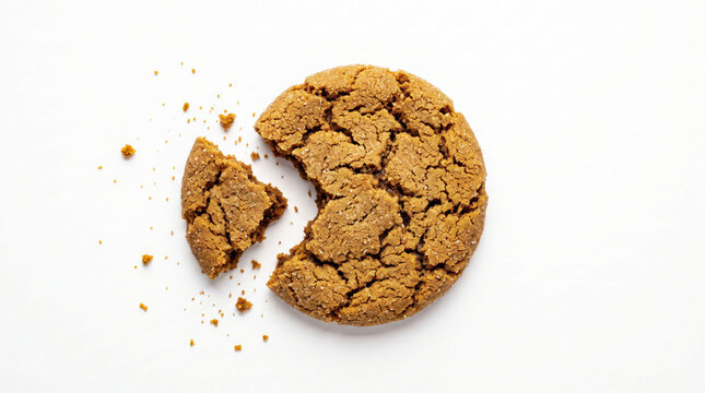 Gingerbread cookie with bite mark and crumbs, golden brown ginger snap biscuit on white background, crunchy sweet snack for holiday baking concepts