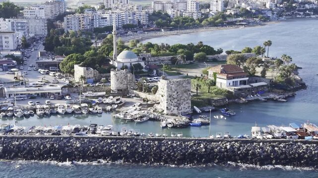 Aerial View of Yumurtalık Castle in Adana Turkey Showing Medieval Coastal Fortress and Mediterranean Seaside Landscape