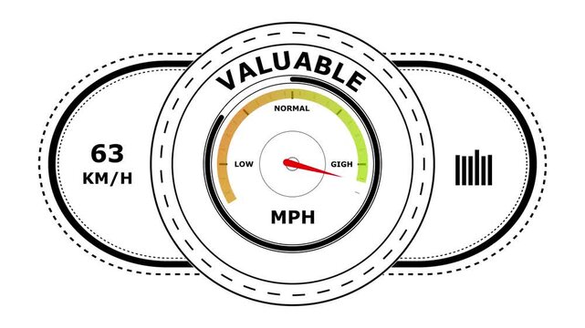 Digital gauge with the word valuable showing a red needle pointing to speed levels on a white background for data visualization concepts