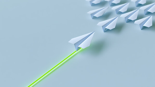 Innovative Leadership: A single paper airplane breaks away, guided by a vibrant green line, symbolizing forward movement and unique direction
