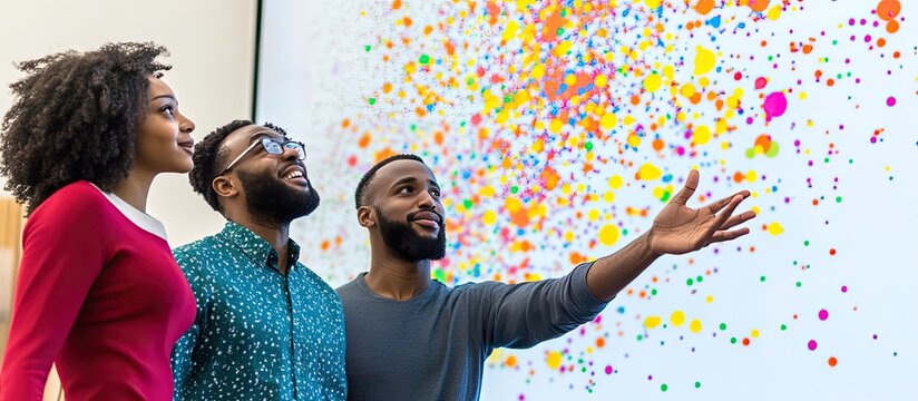 Diverse group admiring vibrant art piece