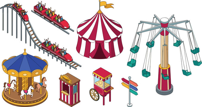 Isometric Amusement Park and Carnival Vector Set with Roller Coaster, Big Top Circus Tent, Swing Ride, Carousel, and Popcorn Cart