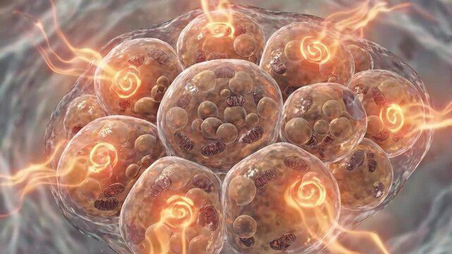 Intricate microscopic imagery of cellular structures featuring dynamic energy patterns and vivid details