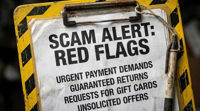 Scam alert red flag fraud warning cybersecurity financial scam Clipboard displaying financial s caution sign clipboard shows scam alert red flag message about fraud warning, phishing