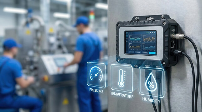 Industrial iot gateway controller monitors manufacturing process with real time data on pressure temperature and humidity ensuring efficient control and automation in factory environment
