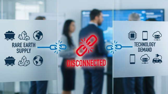Semiconductor supply chain disruption concept with broken link symbol showing rare earth supply and technology demand imbalance in business environment