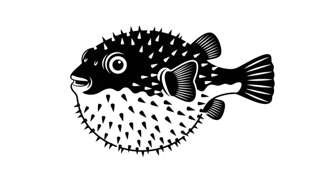 Black and white pufferfish vector illustration isolated on white