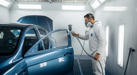Obraz premium Worker Cleaning Car Interior in Bright Modern Auto Detailing Studio