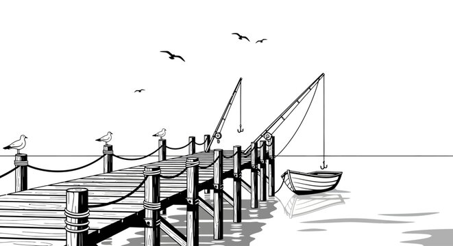 Seagulls perch on a pier with fishing gear and a boat nearby.