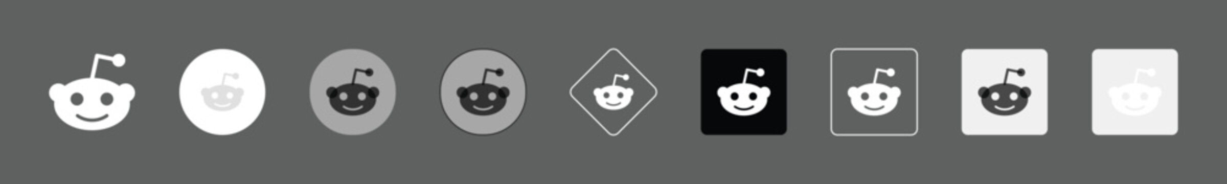 Set of reddit logo icons in various styles including solid, outline, and rounded shapes on a dark background