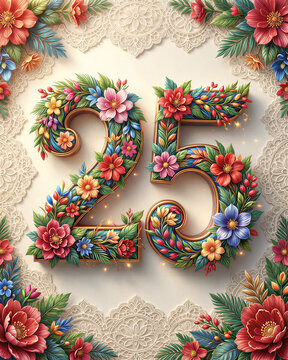 Colorful floral birthday decoration with 25, gold accents, and lace.