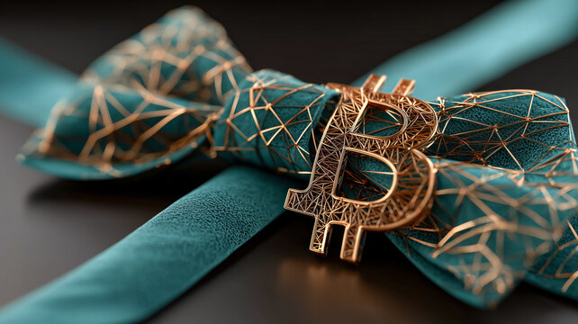 Geometric Gold Bitcoin on Teal Ribbon