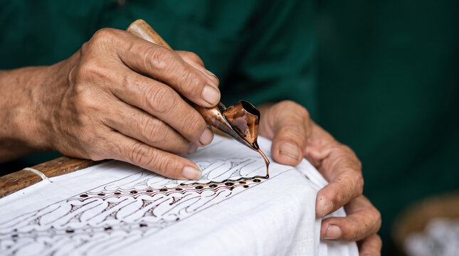 Artisan hands applying hot wax with traditional canting tool on white batik fabric, Indonesian UNESCO heritage craft close-up