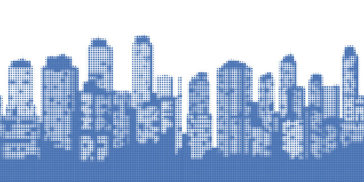 Beautiful city skyline with abstract futuristic pixel grid