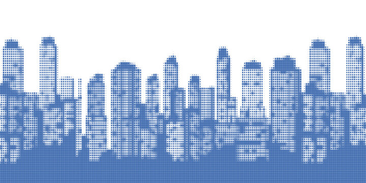 Beautiful city skyline with abstract futuristic pixel grid
