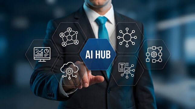 Businessman touches a glowing digital interface featuring ai hub icons to represent modern technological innovation and advanced software solutions for efficient enterprise management.