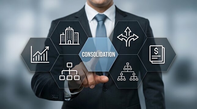 Businessman interacts with a virtual holographic interface to represent corporate consolidation strategies for improving organizational efficiency and long term financial growth success.