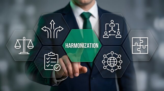 Businessman interacts with a digital interface showing the concept of harmonization through various interconnected business icons that represent strategic alignment and operational efficiency.
