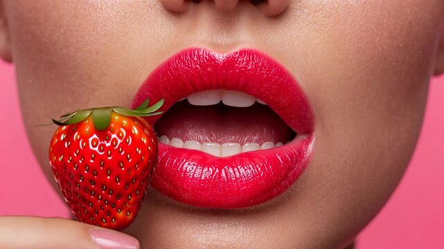 Woman with bright red lips holds a cactus, then a green object, and finally a strawberry near her mouth against a pink background, showcasing a playful visual transition