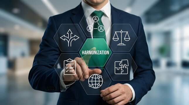 Businessman touches a glowing digital hexagon interface screen to activate the concept of organizational harmonization and strategic business management for improved corporate workflow efficiency.