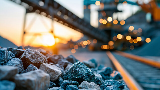 Energy transition investment concept with critical mineral supply industrial landscape at golden sunrise, sustainable infrastructure concept, industrial photography, defocused