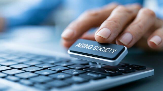 Keyboard enter key above aging society text symbolizing demographic transition to older population era, social change concept, conceptual photography, defocused background, with