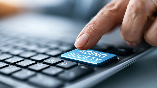 Keyboard enter key above aging society text symbolizing demographic transition to older population era, social change concept, conceptual photography, defocused background, with