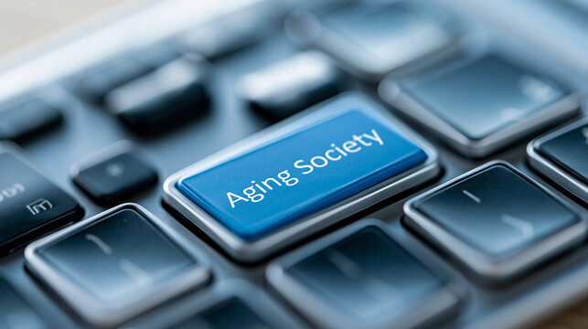 Keyboard enter key above aging society text symbolizing demographic transition to older population era, social change concept, conceptual photography, defocused background, with