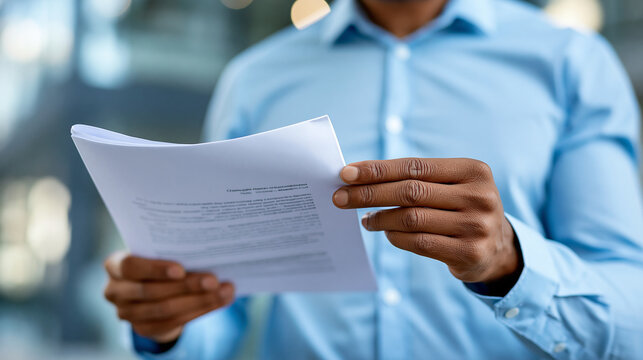 Faceless HR director holding change management and corporate restructuring plan document, organizational development concept, human resources photography, defocused office