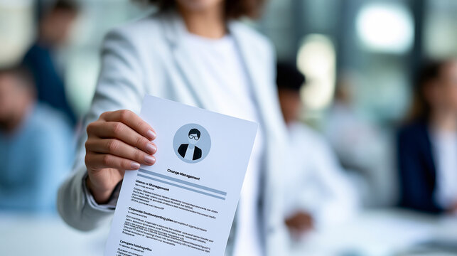 Faceless HR director holding change management and corporate restructuring plan document, organizational development concept, human resources photography, defocused office