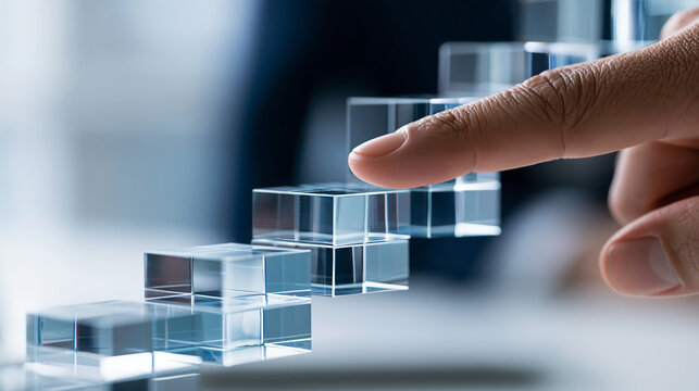 Finger pressing transparent stacked blocks forming staircase symbolizing career advancement and business growth strategy, professional progress concept, motivational photography,