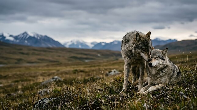 Pair of grey wolves interacting in a wild mountain tundra landscape