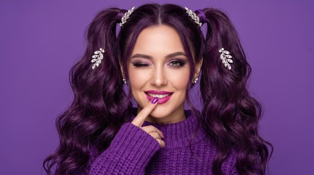 Beautiful young woman with purple hair winking and touching her lips against a purple background.