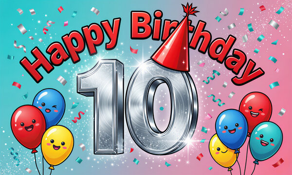 Colorful illustration of a 10th birthday celebration with balloons, confetti, and a party hat.